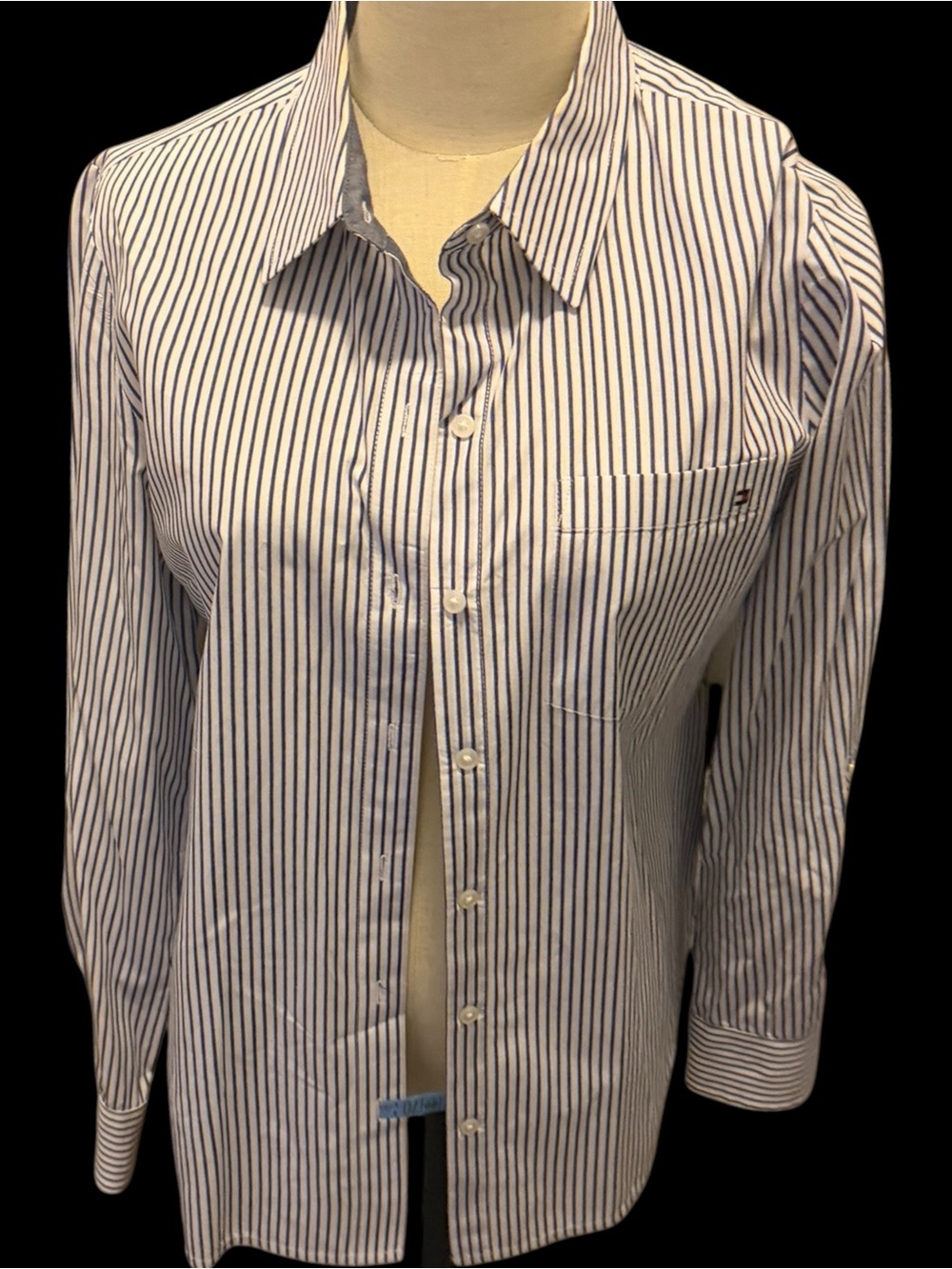 Tommy Hilfiger White and Blue Striped Women's Button-Down Shirt